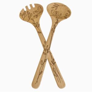 Talisman Designs Laser Etched Beechwood Salad Serving Set |Birds | Fork & Spoon